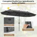 Parasol Double Rectangulaire XXL 396x201cm Gris avec Base Lestée et Manivelle - COSTWAY – Image 3