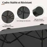 Parasol Double Rectangulaire XXL 396x201cm Gris avec Base Lestée et Manivelle - COSTWAY – Image 6